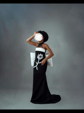 Elegant Black Strapless Gown with White Floral Detail